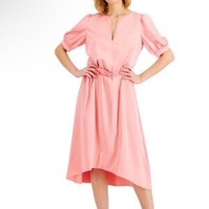 NWT Donna Karan Coastal Garden Pink Puff Sleeve Belted High-Low Midi Dress 8